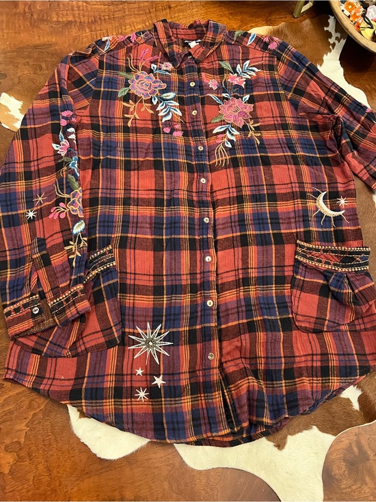 Johnny Was Tops - Red Plaid Embroidered Button-Up Shirt